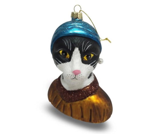 Cat with a Pearl Earring Ornament | Hand-Painted Vermeer-Inspired Cat Christmas Ornament