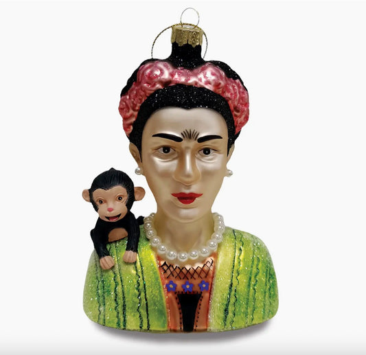 Frida Kahlo & Monkey Glass Ornament | Hand-Painted Art-Inspired Christmas Ornament