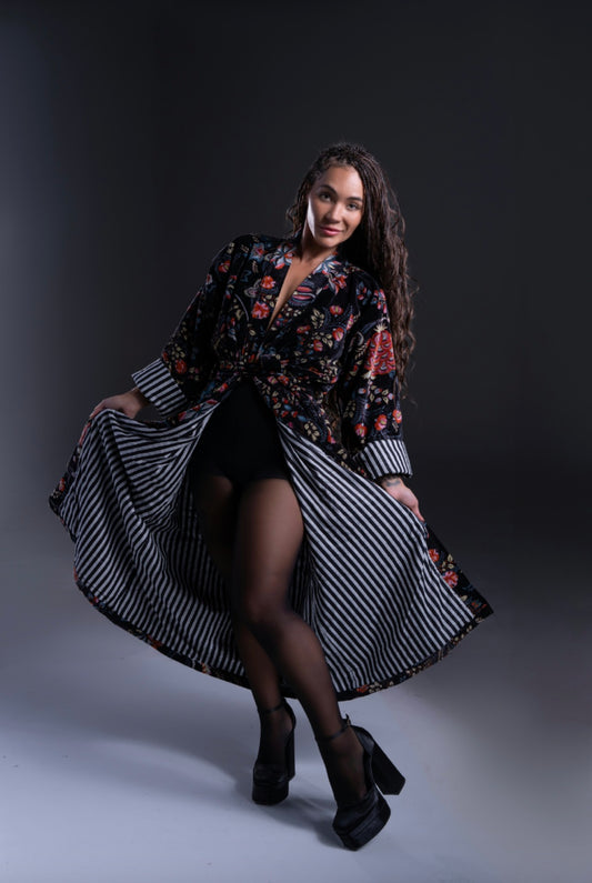Kimono Velvet Luxury Black Floral with Stripe Lining