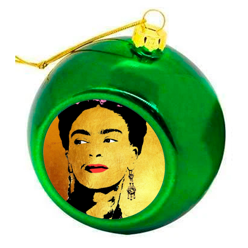 Frida Kahlo “Frida” Christmas Bauble – Shiny Green Non-Breakable Ornament